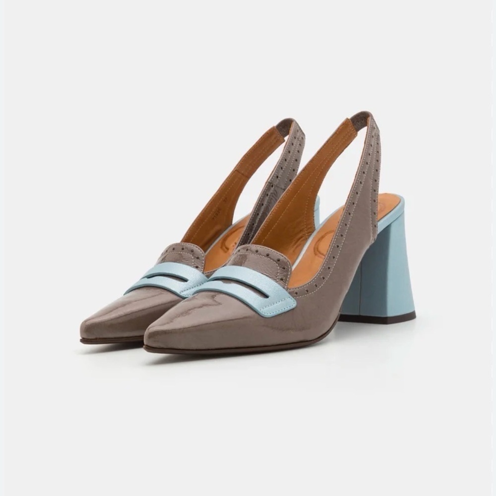 Chie Mihara Patent Leather Slingback Heels EU 36 Made in Spain Taupe & Blue NWT - Picture 2 of 9